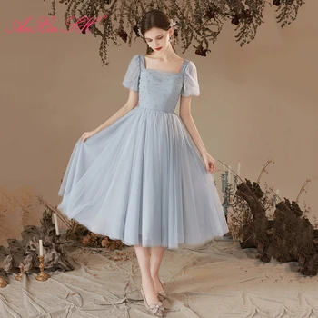 AnXin SH princess сиво-синьото бельо рокля с къси пухкави ръкави, расшитое мъниста и перли, трапециевидное вечерна рокля дантела за водеща партита