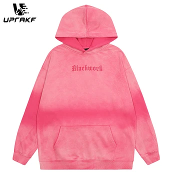 UPRAKF, градиент hoody с качулка, пуловер с надпис Harajuku, Оверсайз, Свободни Модни есенни ежедневни блузи, Черен, розов
