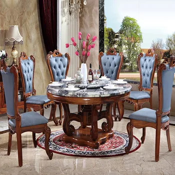 Маса за хранене от масивно дърво и мрамор е в европейски стил, комбинация на кръглата маса и стол, маса за хранене Wujinmu, голям луксозен