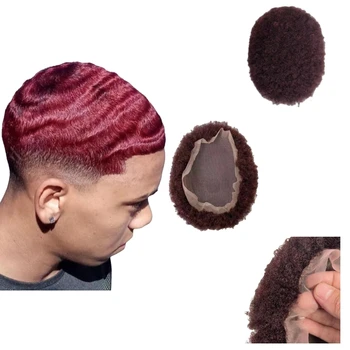 Подмяна на човешки косъм Малайзия Девица, Бордо Мъжка перука 8x10 Афро извратени къдря, напълно перука, завързана за мъже